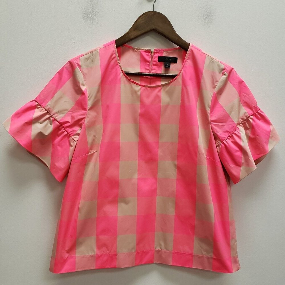 J Crew Womens Ruffle Sleeve Top Size 6 Neon Pink Plaid Short Sleeve Round Neck